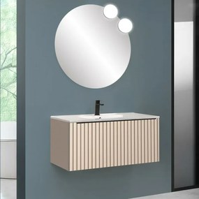 Mobile bagno sospeso 90 cm cappuccino cannettato con cassetto, specchio e lavabo Nara