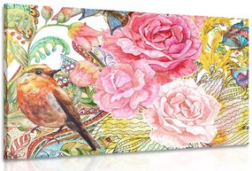 Quadro su tela – Uccellino vintage con fiori