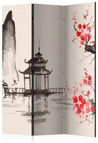 Paravento Capanna sensei (3-parti) - ciliegio in fiore e architettura giapponese