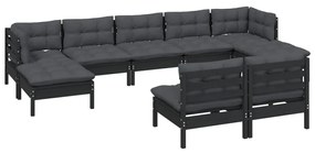 Set divani da giardino 9 pz con cuscini neri in legno di pino