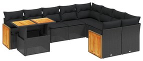 Set divani da giardino 10pz con cuscini in polyrattan nero