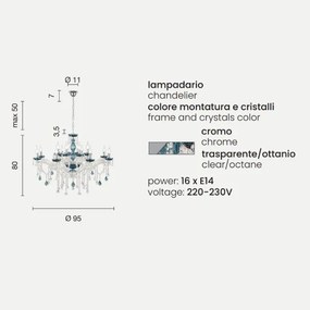 Lampadario a sospensione DAMASCO D95 cm con decorazioni in cristallo Ottanio 16 Luci