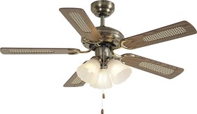 Ventilatore da soffitto in ottone con stampa legno e rattan 105 cm con interruttore a tirante - Mistral Lia