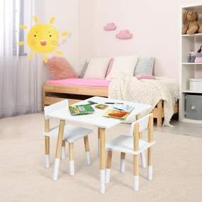 Costway Set tavolo e 2 sedie con gambe in legno di pino per bambini, Set tavolo attività per bambini Bianco