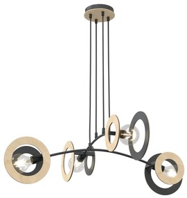Lampadario 4 Luci Rea Acciaio Nero Legno Naturale E Diffusori Doppio Cerchio