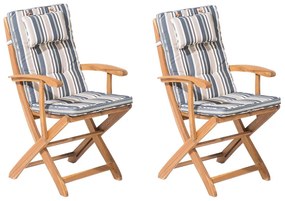 Set di 2 sedie da giardino in legno con cuscini a righe blu MAUI Beliani