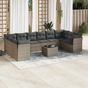 Set divani da giardino 11 pz con cuscini in polyrattan grigio