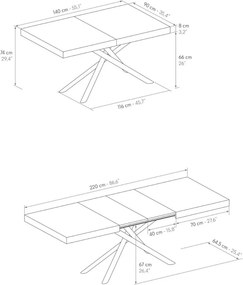 Tavolo CARRARA in legno, finitura rovere rustico e base in metallo verniciato bianco, allungabile 140&#215;90 cm &#8211; 220&#215;90 cm