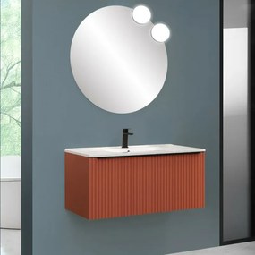 Mobile bagno sospeso 90 cm color terracotta cannettato con cassetto, specchio e lavabo Nara