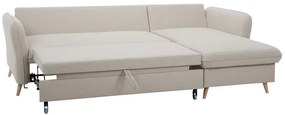 Divano letto angolare reversibile con contenitore 3-4 posti in tessuto beige e legno chiaro DRISS