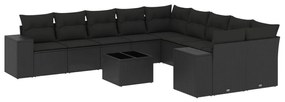 Set divani da giardino 11 pz con cuscini in polyrattan nero