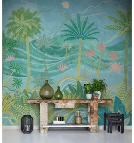 Fotomurale GRANDECOLIFE Palm, azzurro, verde chiaro, rosa 371X280 cm