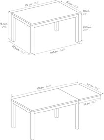 Tavolo TROPEA in legno, finitura bianco frassinato e base in metallo verniciato antracite, allungabile 120&#215;80 cm &#8211; 170&#215;80 cm