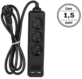 Multipresa Ciabatta Elettrica Con 2 USB e 3 Posti Schuko 10A Cavo Lunga 1,5 Metri Colore Nero 3X1.5 mmq SKU-8776
