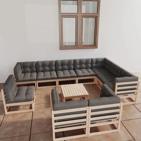 Set divani da giardino 11 pz con cuscini legno massello di pino