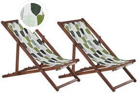 Set di 2 sedie a sdraio legno acacia scuro motivo foglie bianco e verde ANZIO Beliani