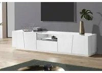 Mobile da soggiorno Porta TV, Made in Italy, Credenza per TV da salotto a 4 ante e 1 cassetto, cm 220x43h46, Bianco lucido