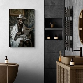 Quadro su tela – Cane con giornale in bagno