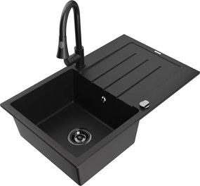 Mexen Bruno lavello da cucina in granito a 1 vasca con gocciolatoio e rubinetto da cucina Elia, nero - 6513-77-670101-70-B