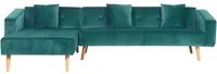 Divano letto ad angolo con 3 cuscini Rivestimento in velluto verde Gambe in legno chiaro Chaise longue reclinabile versione destra a 4 posti