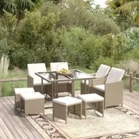 Set da Pranzo per Giardino 9 pz con Cuscini in Polyrattan Beige 3095517