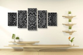 Quadri 5 pezzi – Mandala con motivo astratto in bianco e nero