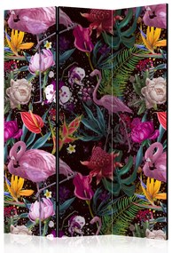 Paravento design Esotismo colorato - fenicotteri tra vegetazione tropicale colorata