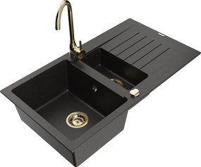 Mexen Matias lavello in granito 1,5 vasche con scolapiatti e rubinetto da cucina Telma, nero/oro - 6502-75-670200-50