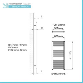Termoarredo scaldasalviette 600x1120 cromo con interasse 55 cm