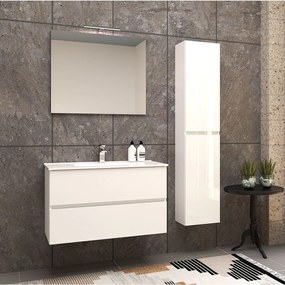 Mobile bagno 90 cm sospeso bianco lucido a doppio cassetto Roxy con specchio filo lucido e colonna da 162 cm