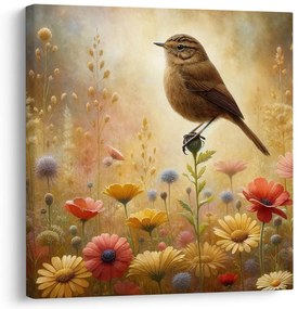 Quadro su tela – Uccellino tra i fiori del prato
