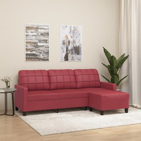 Divano A 3 Posti Con Poggiapiedi Rosso Vino 180cm İn Similpelle /