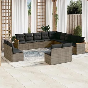 Set divani da giardino 13 pz con cuscini grigio in polyrattan