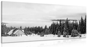Quadro su tela – Casetta nella natura innevata in bianco e nero