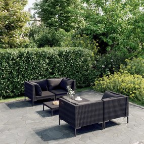 Set divani giardino 5 pz con cuscini in polyrattan grigio scuro