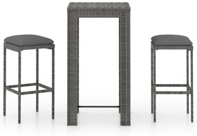 Set Bar da Giardino 3 pz con Cuscini in Polyrattan Grigio