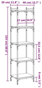 Libreria 5 Ripiani Grigio Sonoma 40x30x154cm Legno Multistrato