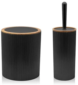 Set 2 pezzi Porta scopino e Pattumiera 5lt Nero dettagli effetto legno Blob