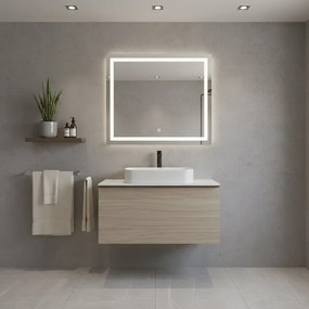 Mobile da bagno sospeso sotto lavabo Pixel plain 1 cassetto olmo Rousseau e maniglia in alluminio nero opaco L80 x H40 x P45,5 cm