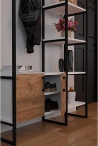 Mobile Ingresso Industrial 120x34x180 Con Scarpiera Appendiabiti E Ripiani Yago Rovere E Bianco