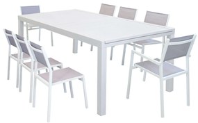 DEXTER - set tavolo in alluminio e teak cm 200/300 x 100 x 74 h con 6 sedie e 2 poltrone Aulus