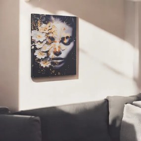 Quadro moderno verticale su tela 60x90 cm con ritratto di donna con fiori