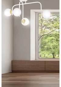 Lampadario 4 Luci Kalf In Acciaio Bianco A Bracci E Sfere In Vetro Opalino E Oro