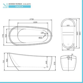 Vasca da bagno freestanding moderna 173x77,5 Piedini interni regolabili Antalia