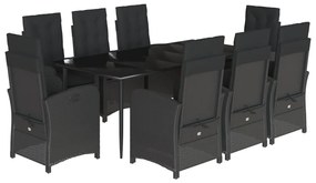 Set da pranzo da giardino 9 pz con cuscini nero in polyrattan
