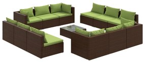 Set divani da giardino 13 pz con cuscini in polyrattan marrone