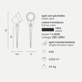 Lampada spot GURU 12x53 cm a picchetto per esterni in alluminio Nero