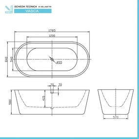 Vasca da bagno freestanding moderna 178,5x84 con Piedini interni regolabili Alexandra II