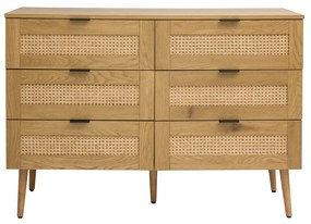 Comò finitura legno chiaro, intreccio in rattan e metallo nero 3 cassetti L120 cm MANILLE