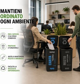 Set 4 Pattumiere per Raccolta Differenziata 37,5x36x53,5 cm Bidone da 50 Litri in Plastica Nero...